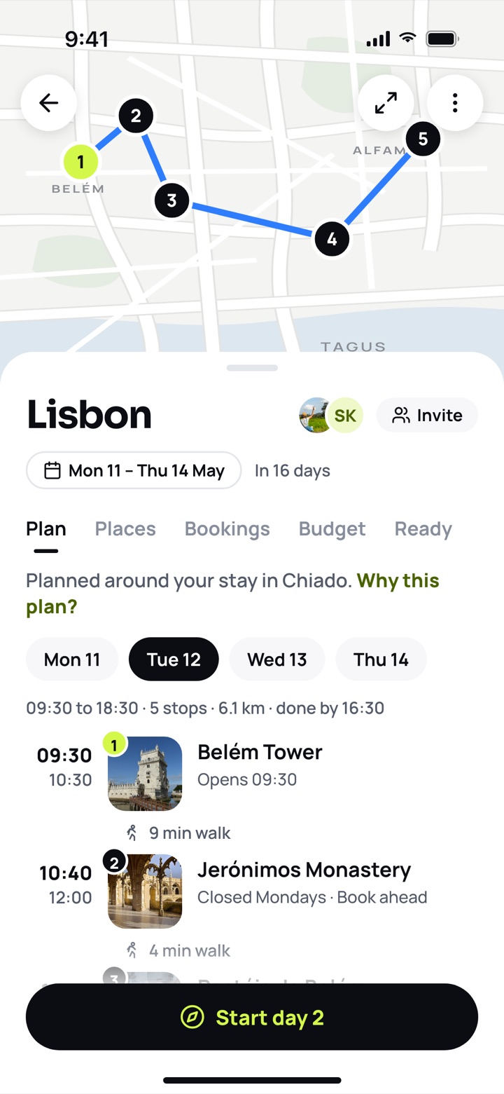 A Lisbon trip: the day's route on a map and the stops planned around opening hours